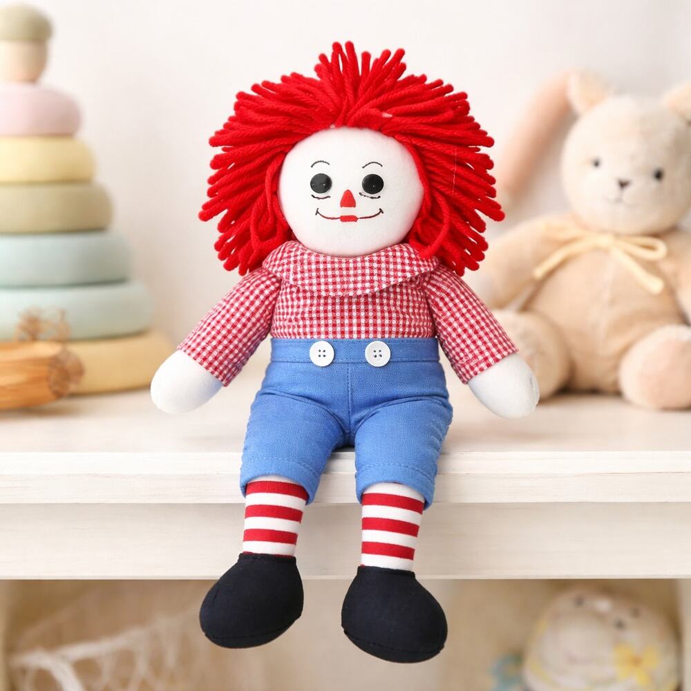 80s/90s Raggedy Andy 14” Cloth Doll Red Yarn Hair Blue Overalls Classic Toy